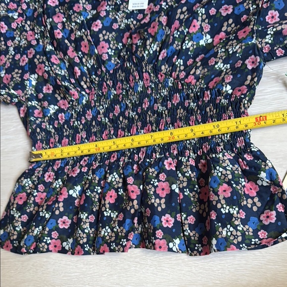 Trovata Birds of Paradis Floral Smocked Blue Pink Peplum Blouse Cap Sleeves - Picture 9 of 10